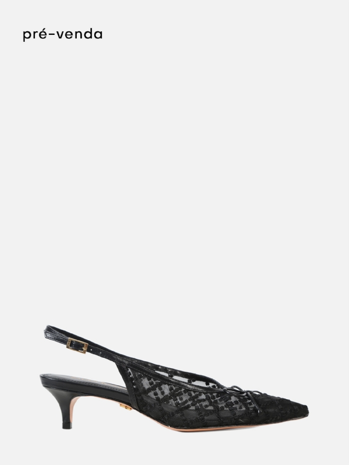 SCARPIN EM TELA BORBADA VALENTINA PRETO SLINGBACK SALTO BAIXO