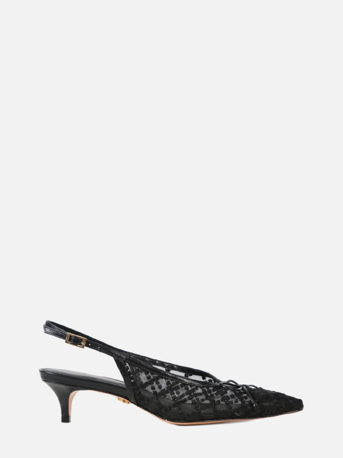 SCARPIN EM TELA BORBADA VALENTINA PRETO SLINGBACK SALTO BAIXO