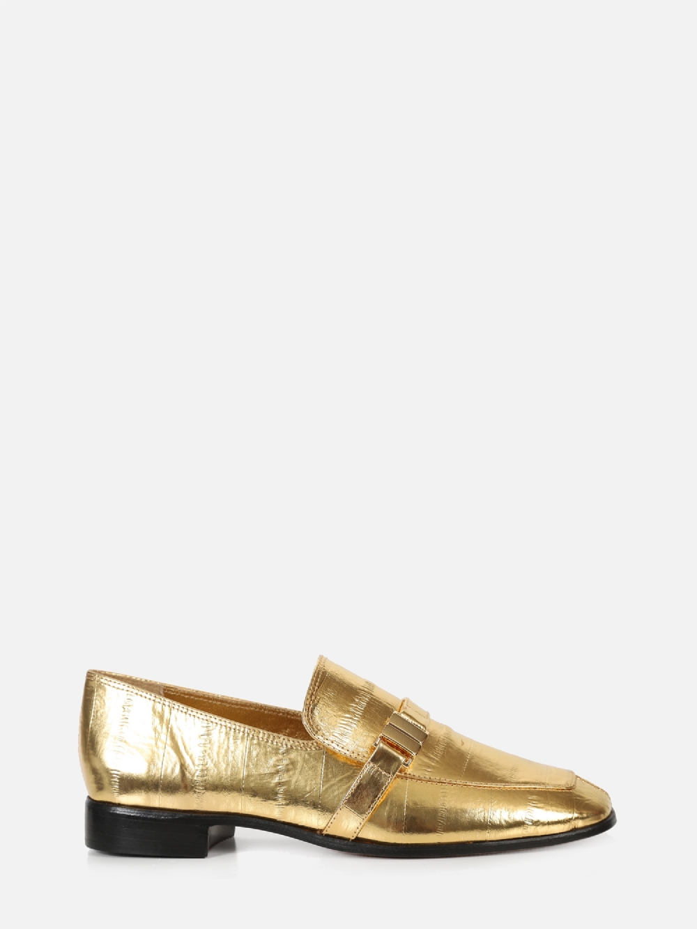 MOCASSIM EM COURO METALIZADO CHIARA OURO BICO QUADRADO