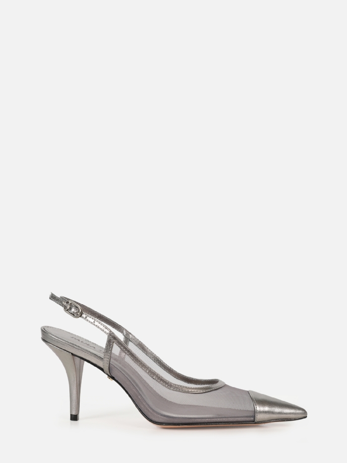 SCARPIN EM TELA JOLIE PRATA SALTO MÉDIO FINO