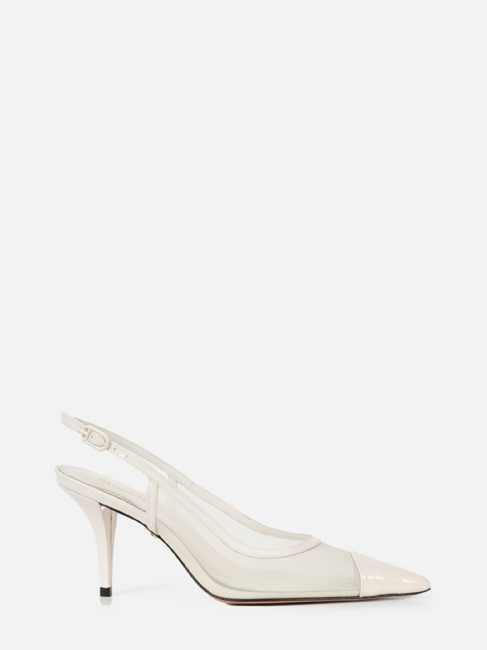 SCARPIN EM TELA JOLIE OFF WHITE SALTO MÉDIO FINO
