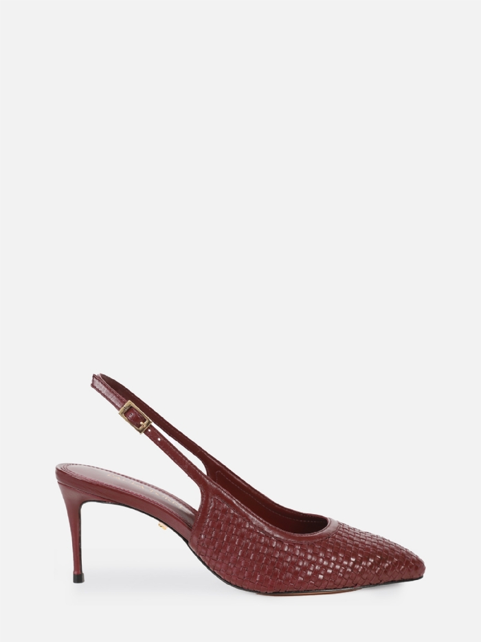 SCARPIN EM COURO ALICIA BURGUNDY TRESSE SALTO MÉDIO FINO