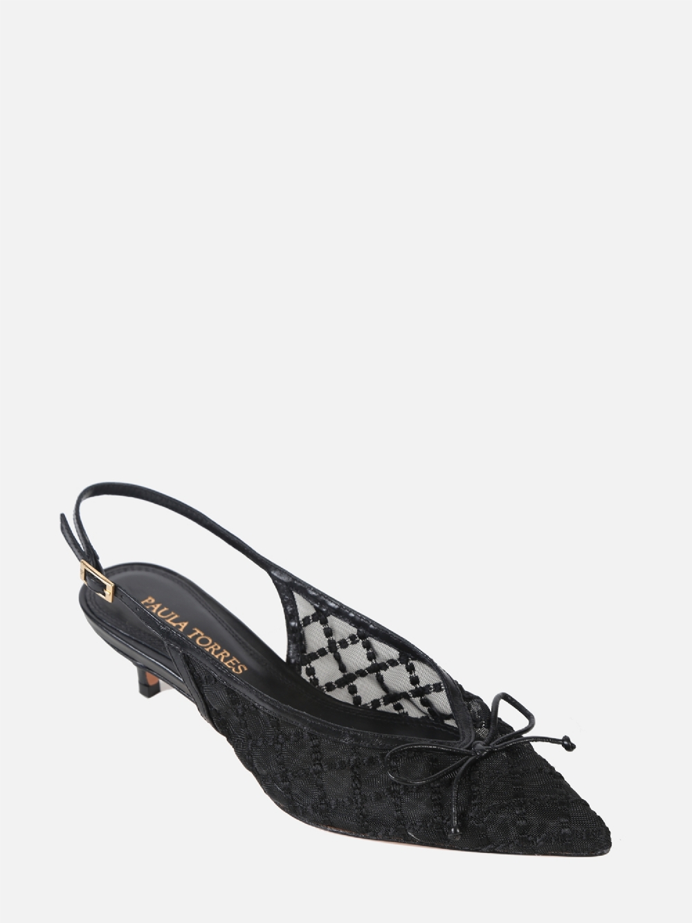 SCARPIN EM TELA BORBADA VALENTINA PRETO SLINGBACK SALTO BAIXO