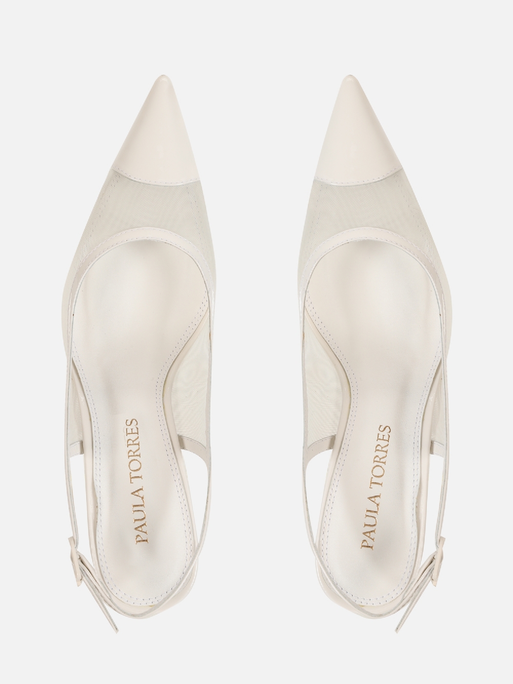 SCARPIN EM TELA JOLIE OFF WHITE SALTO MÉDIO FINO